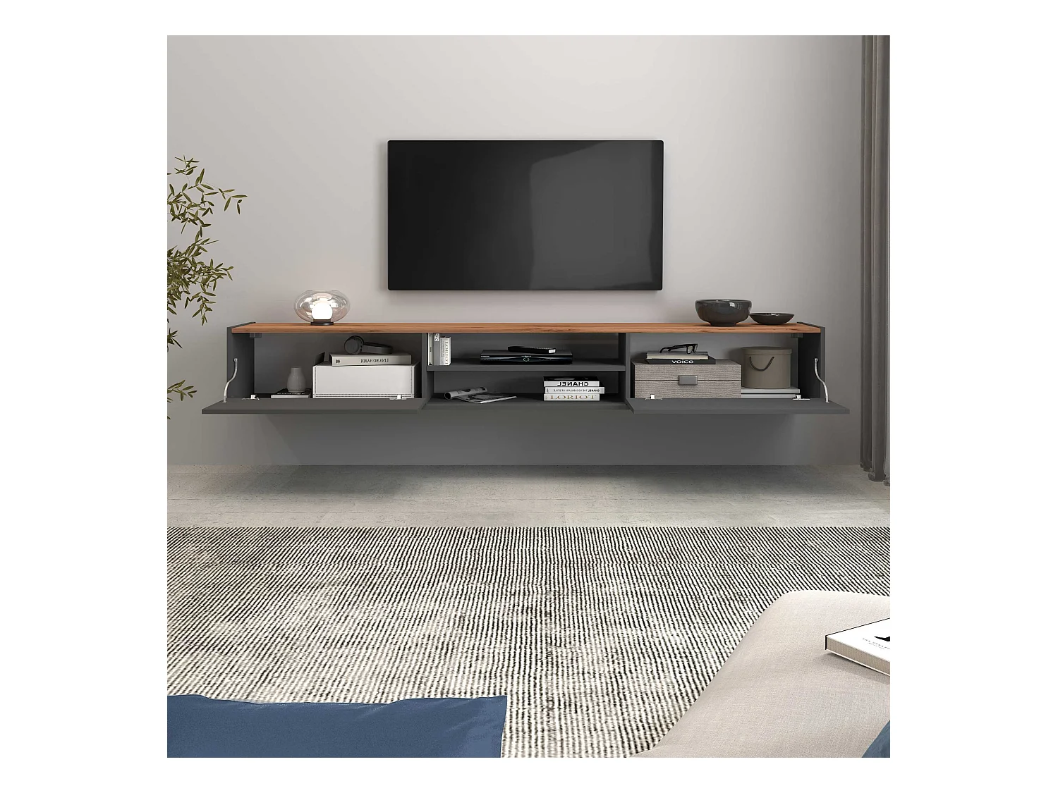 Mobile porta tv Garda 2 ante e 1 ripiano centrale antracite opaco e rovere 210x35x30 cm