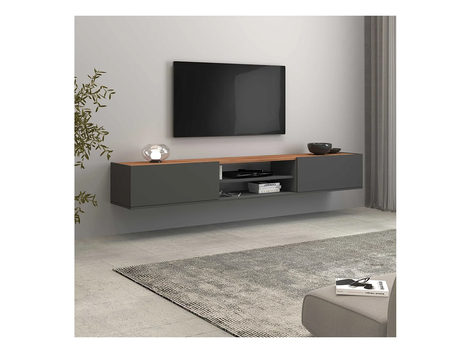 Mobile porta tv Garda 2 ante e 1 ripiano centrale antracite opaco e rovere 210x35x30 cm