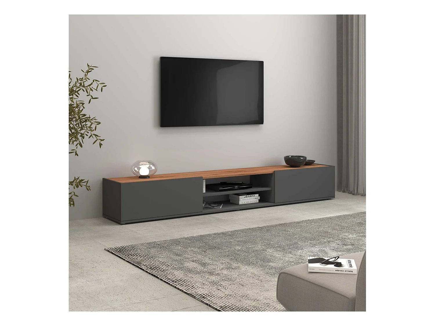 Mobile porta tv Garda 2 ante e 1 ripiano centrale antracite opaco e rovere 210x35x30 cm