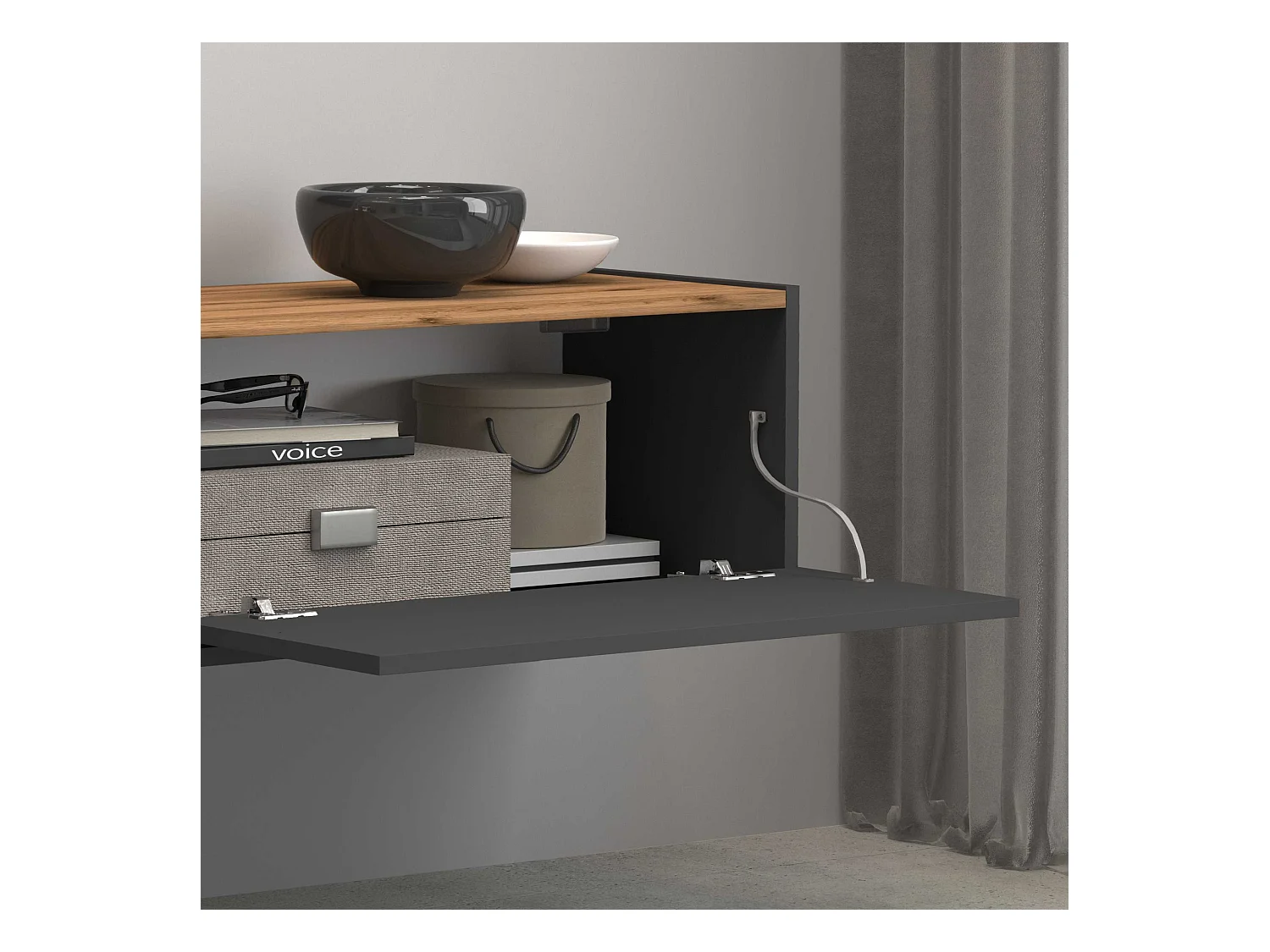 Mobile porta tv Garda 2 ante e 1 ripiano centrale antracite opaco e rovere 210x35x30 cm