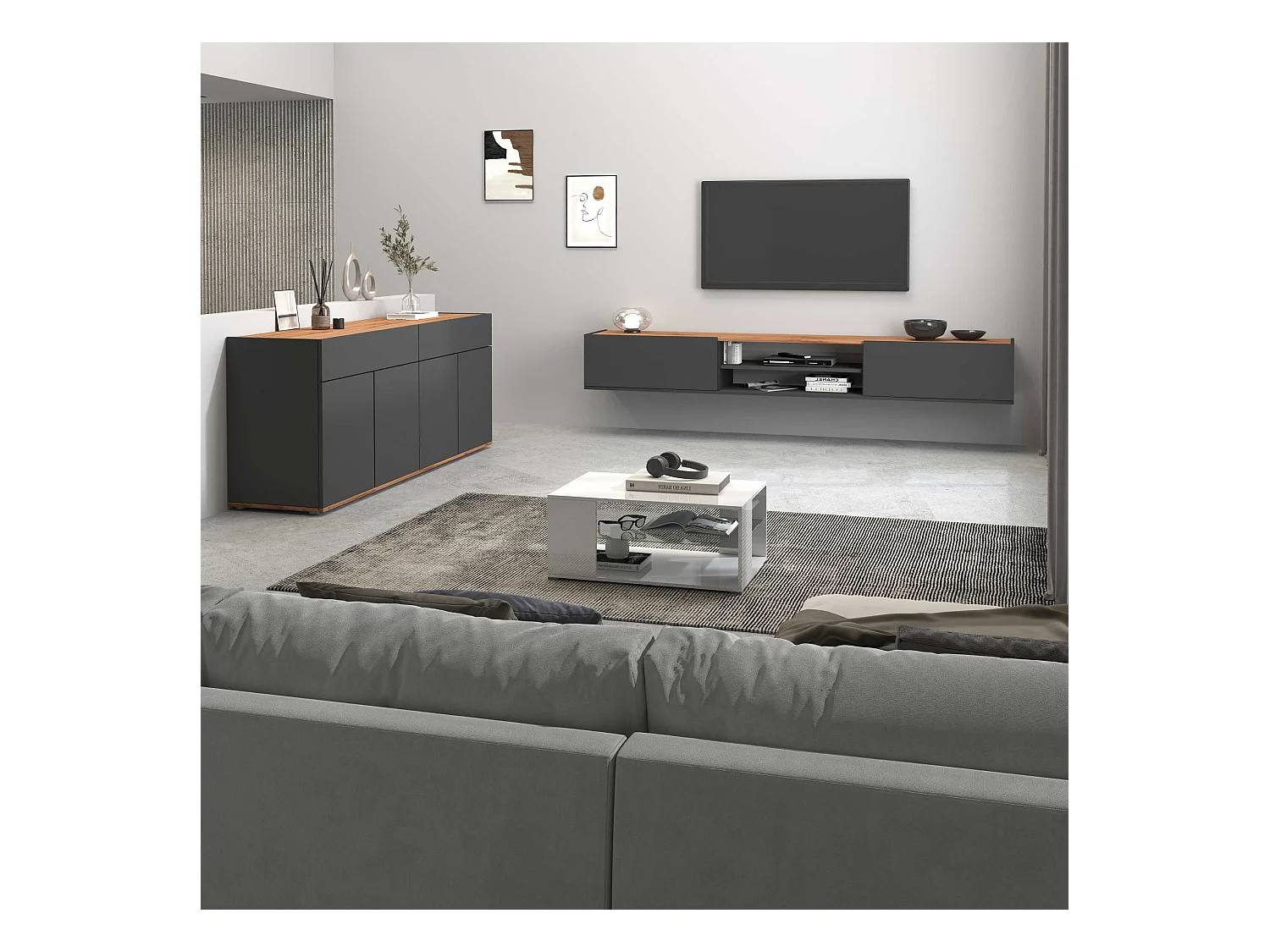 Mobile porta tv Garda 2 ante e 1 ripiano centrale antracite opaco e rovere 210x35x30 cm