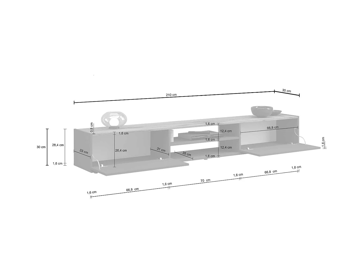 Mobile porta tv Garda 2 ante e 1 ripiano centrale antracite opaco e rovere 210x35x30 cm