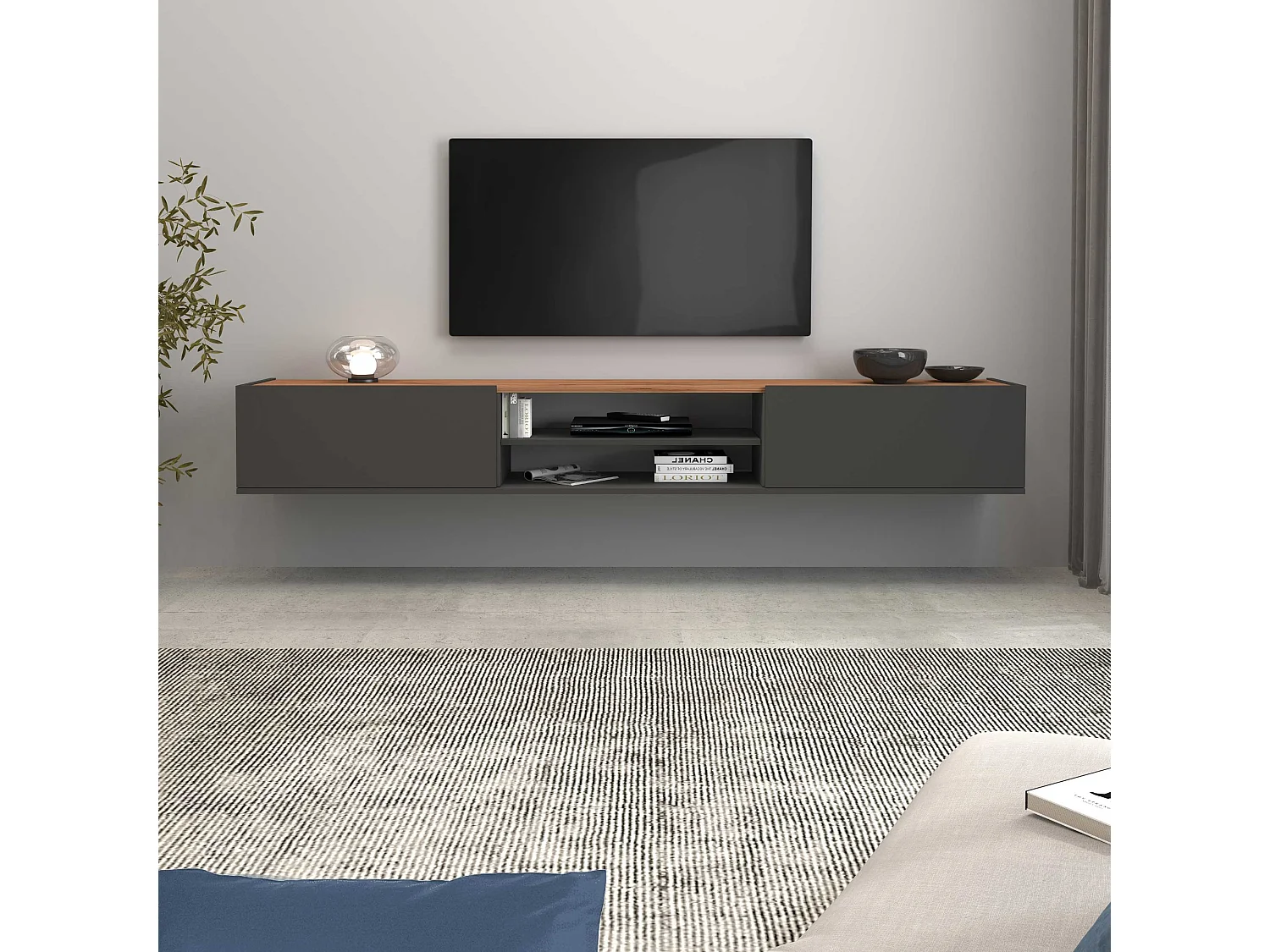 Mobile porta tv Garda 2 ante e 1 ripiano centrale antracite opaco e rovere 210x35x30 cm