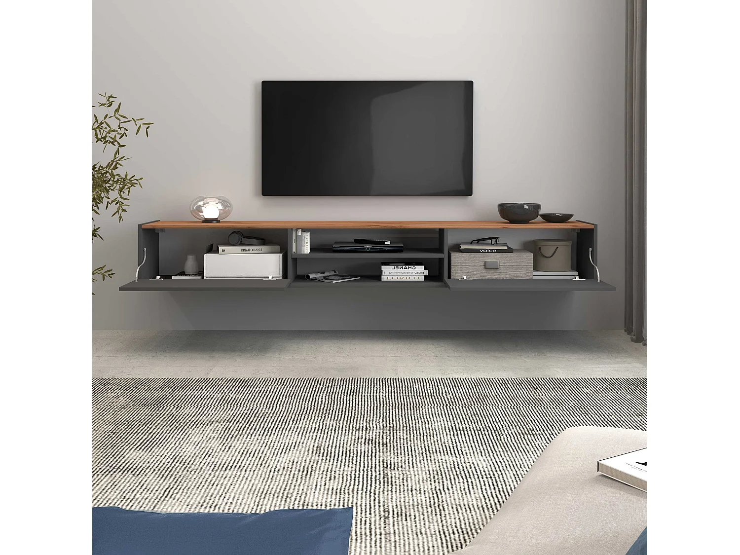 Mobile porta tv Garda 2 ante e 1 ripiano centrale antracite opaco e rovere 210x35x30 cm