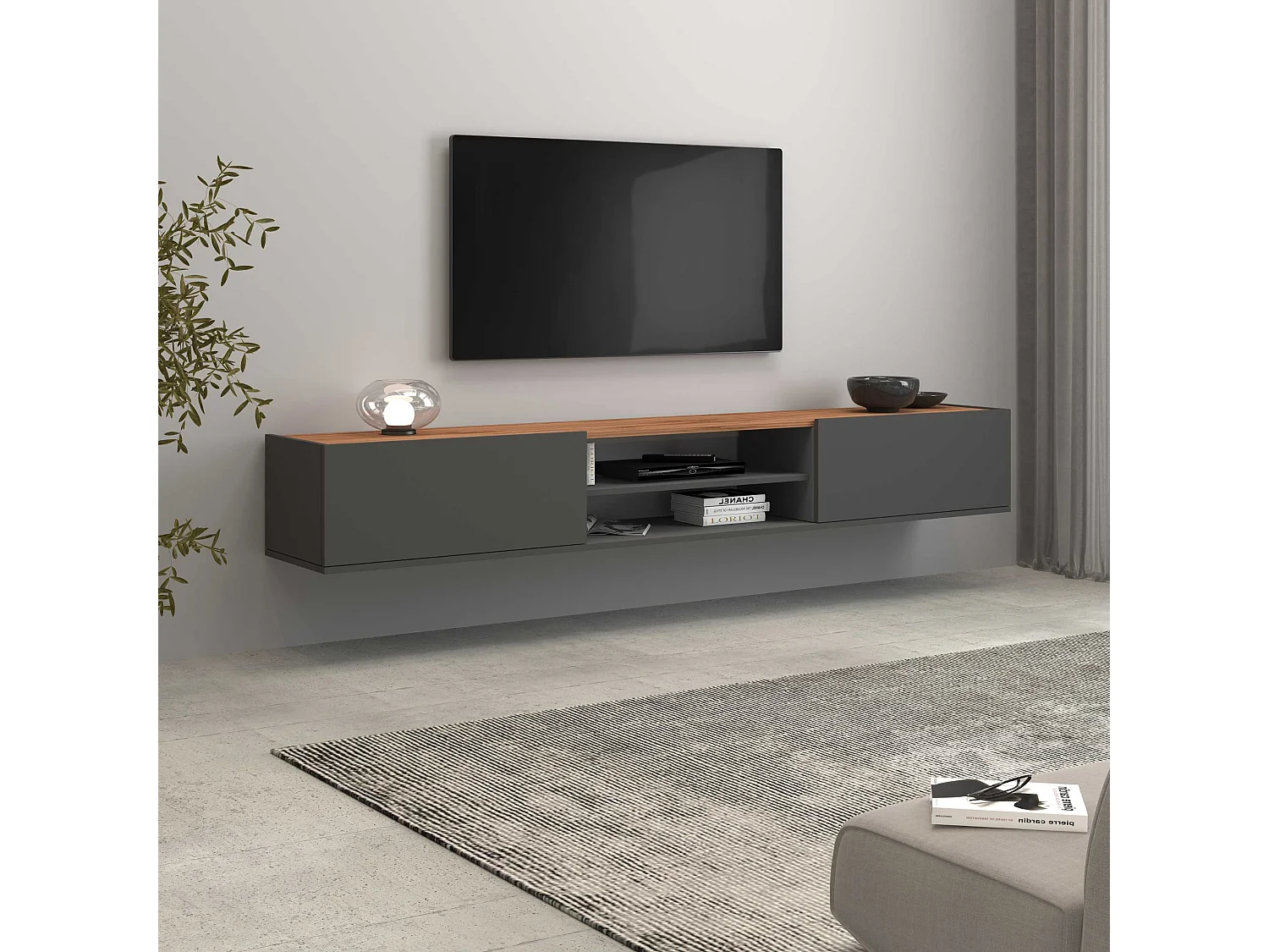 Mobile porta tv Garda 2 ante e 1 ripiano centrale antracite opaco e rovere 210x35x30 cm