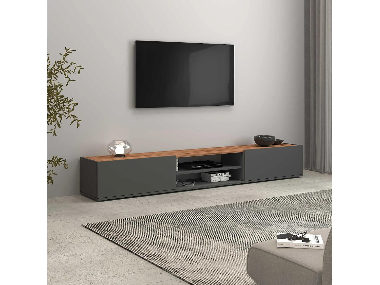 Mobile porta tv Garda 2 ante e 1 ripiano centrale antracite opaco e rovere 210x35x30 cm