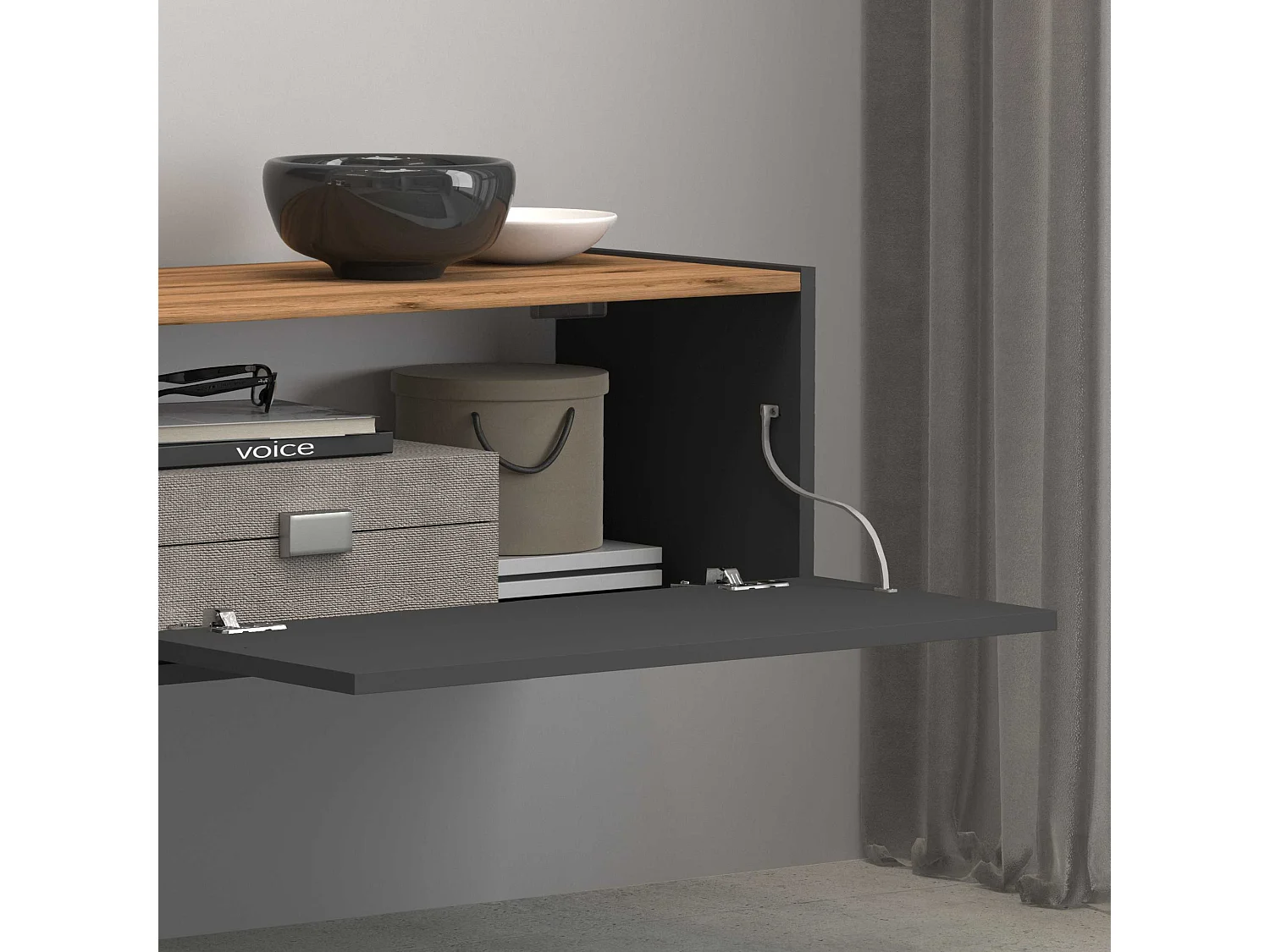 Mobile porta tv Garda 2 ante e 1 ripiano centrale antracite opaco e rovere 210x35x30 cm