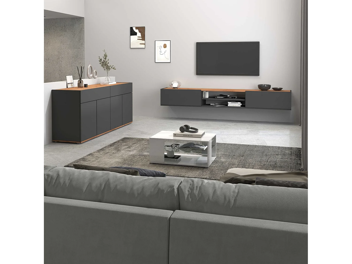 Mobile porta tv Garda 2 ante e 1 ripiano centrale antracite opaco e rovere 210x35x30 cm