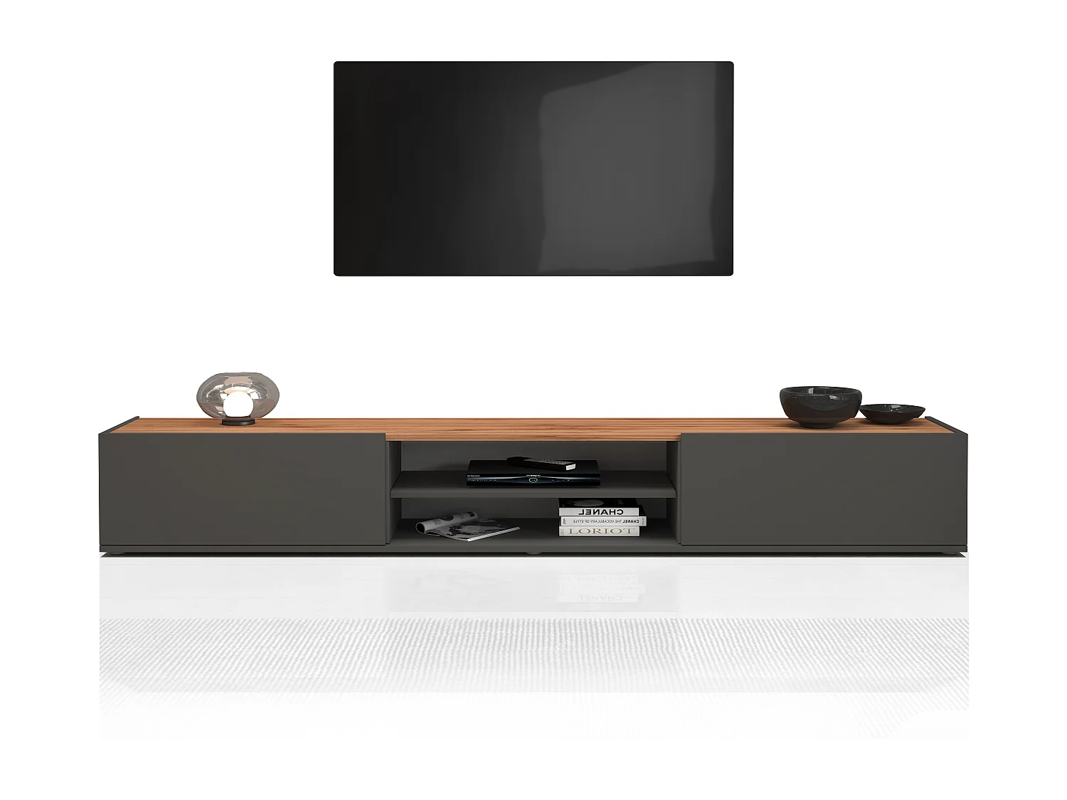 Mobile porta tv Garda 2 ante e 1 ripiano centrale antracite opaco e rovere 210x35x30 cm