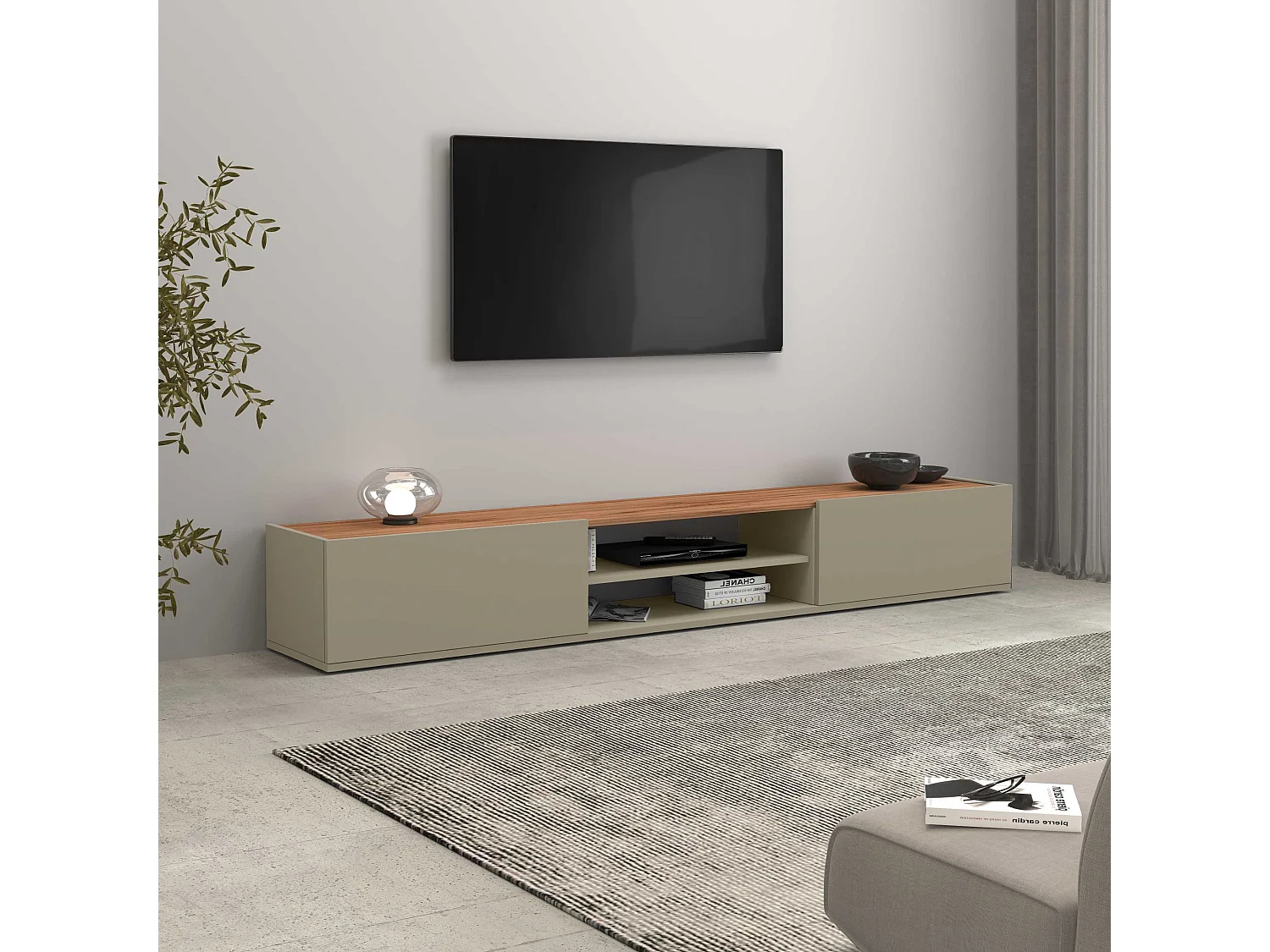 Mobile porta tv Garda 2 ante e 1 ripiano centrale tortora opaco e rovere 210x35x30 cm