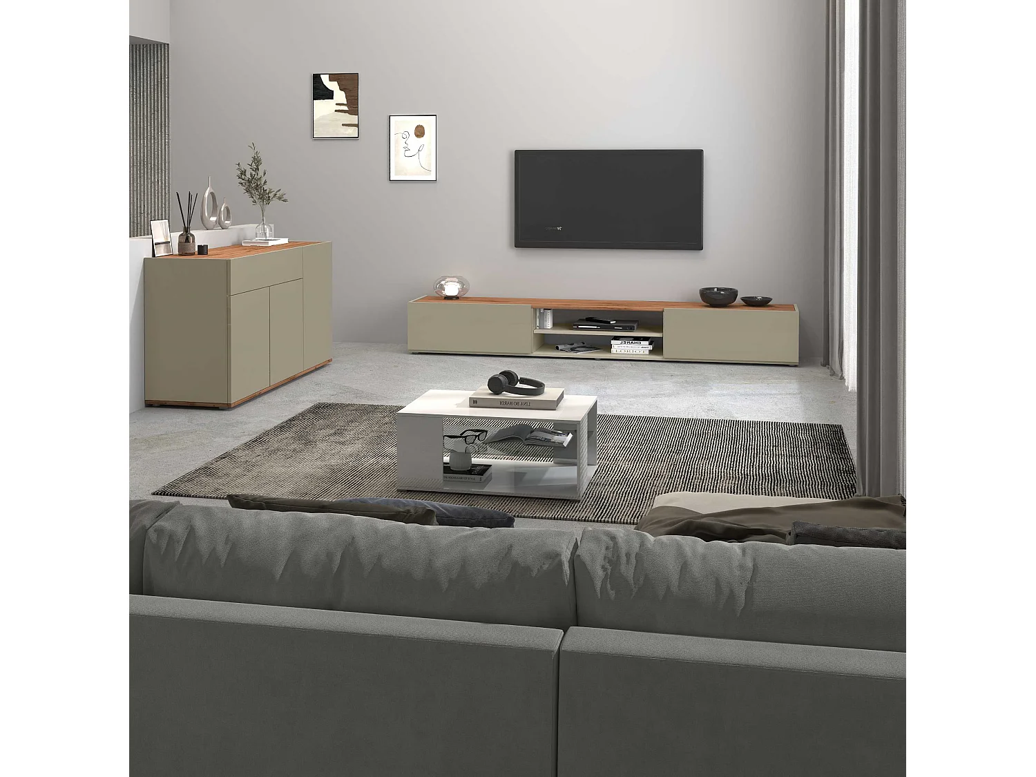 Mobile porta tv Garda 2 ante e 1 ripiano centrale tortora opaco e rovere 210x35x30 cm