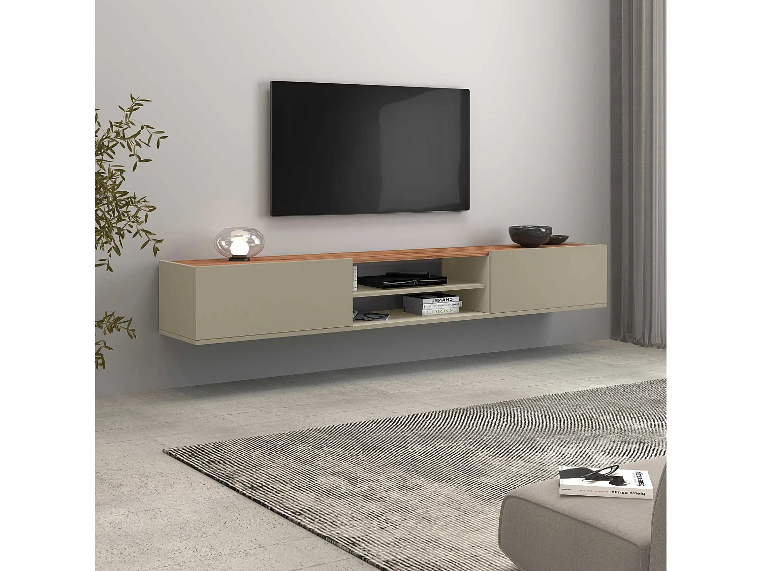 Mobile porta tv Garda 2 ante e 1 ripiano centrale tortora opaco e rovere 210x35x30 cm