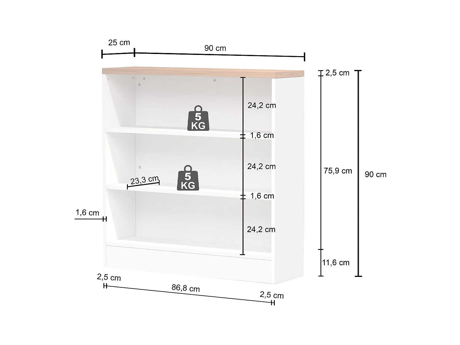 Mobile a scaffale Sole con 3 ripiani bianco lucido e report 90x90x25 cm