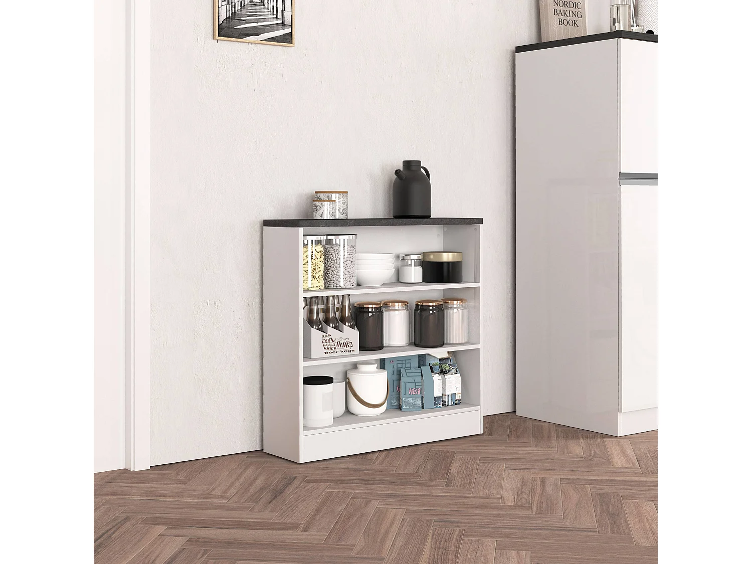 Mobile a scaffale Sole con 3 ripiani bianco lucido e report 90x90x25 cm