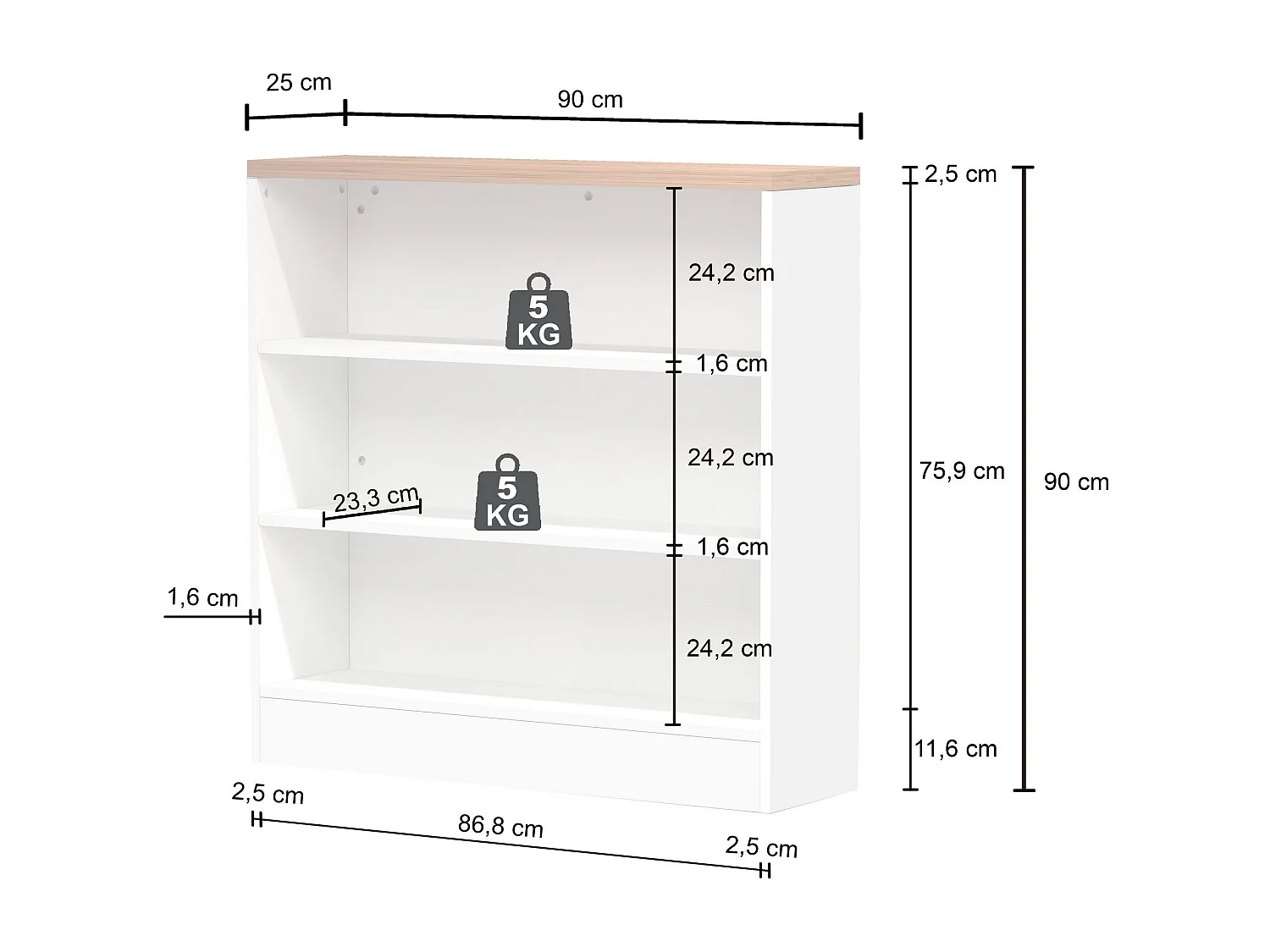 Meuble étagère Sole avec 3 tablettes blanc brillant et ardoise report 90x90x25 cm