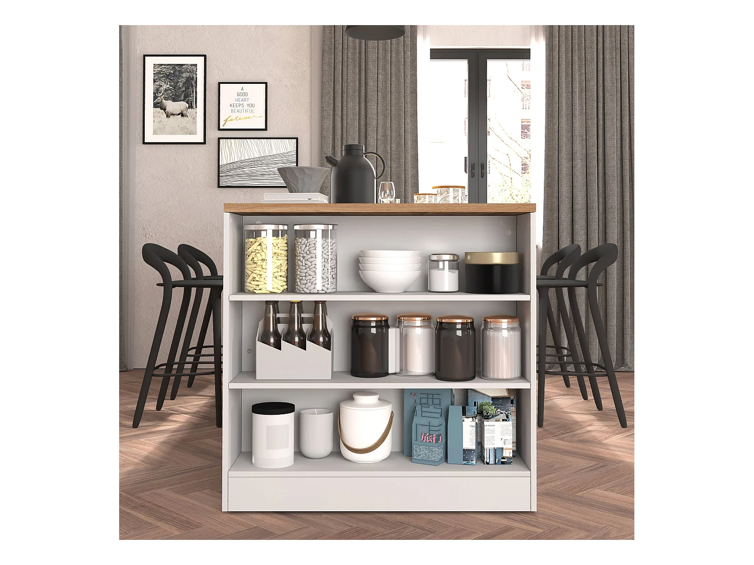 Mobile a scaffale Sole con 3 ripiani bianco lucido e rovere 90x90x25 cm