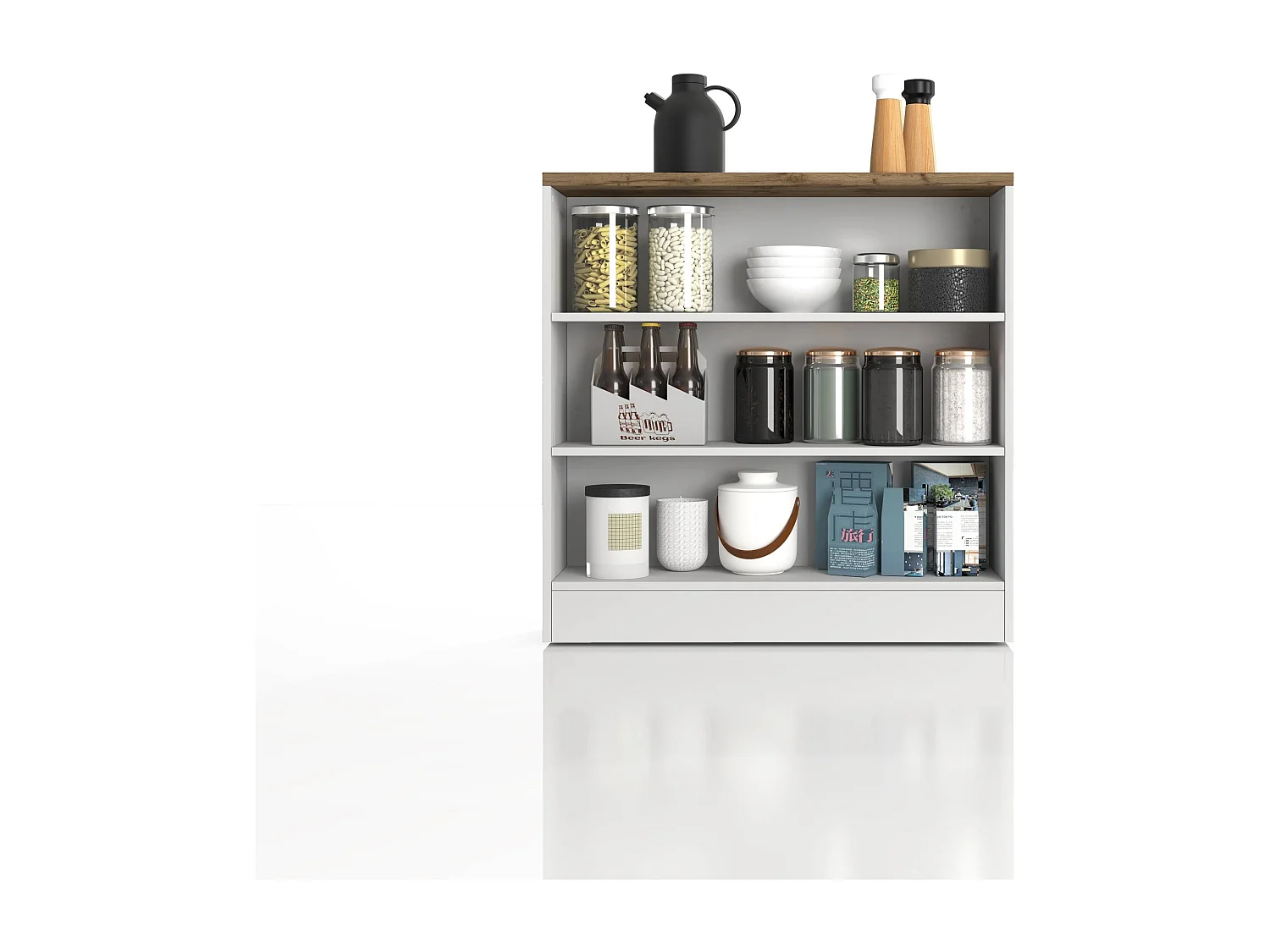 Mobile a scaffale Sole con 3 ripiani bianco lucido e rovere 90x90x25 cm