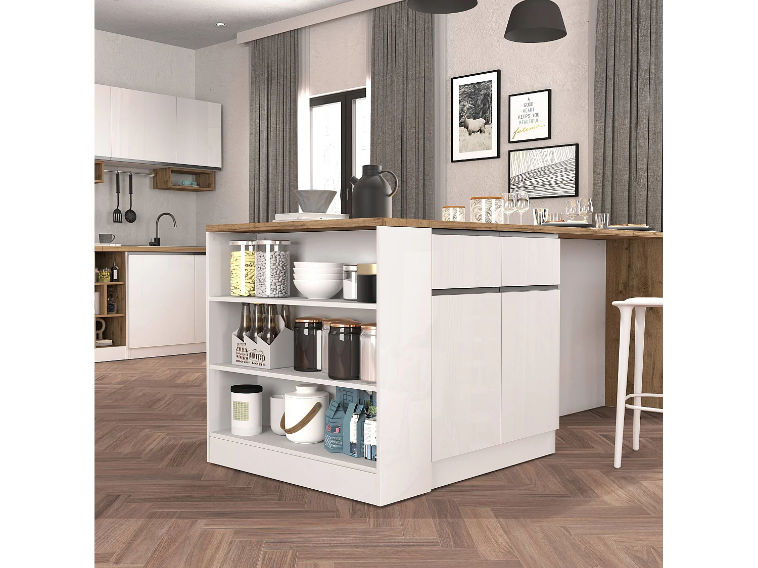 Mobile a scaffale Sole con 3 ripiani bianco lucido e rovere 90x90x25 cm