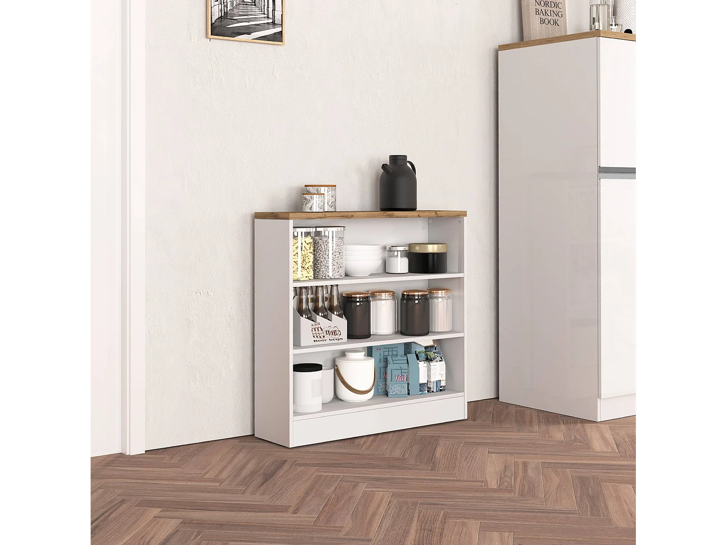 Mobile a scaffale Sole con 3 ripiani bianco lucido e rovere 90x90x25 cm