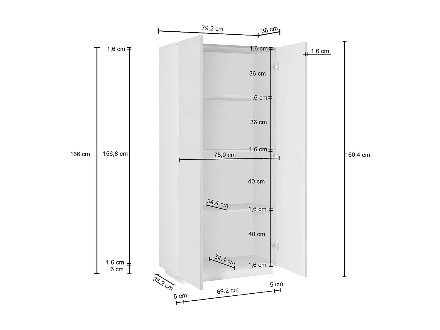 Armario multiusos Easy con 2 puertas blanco mate 79,20x38x166 cm