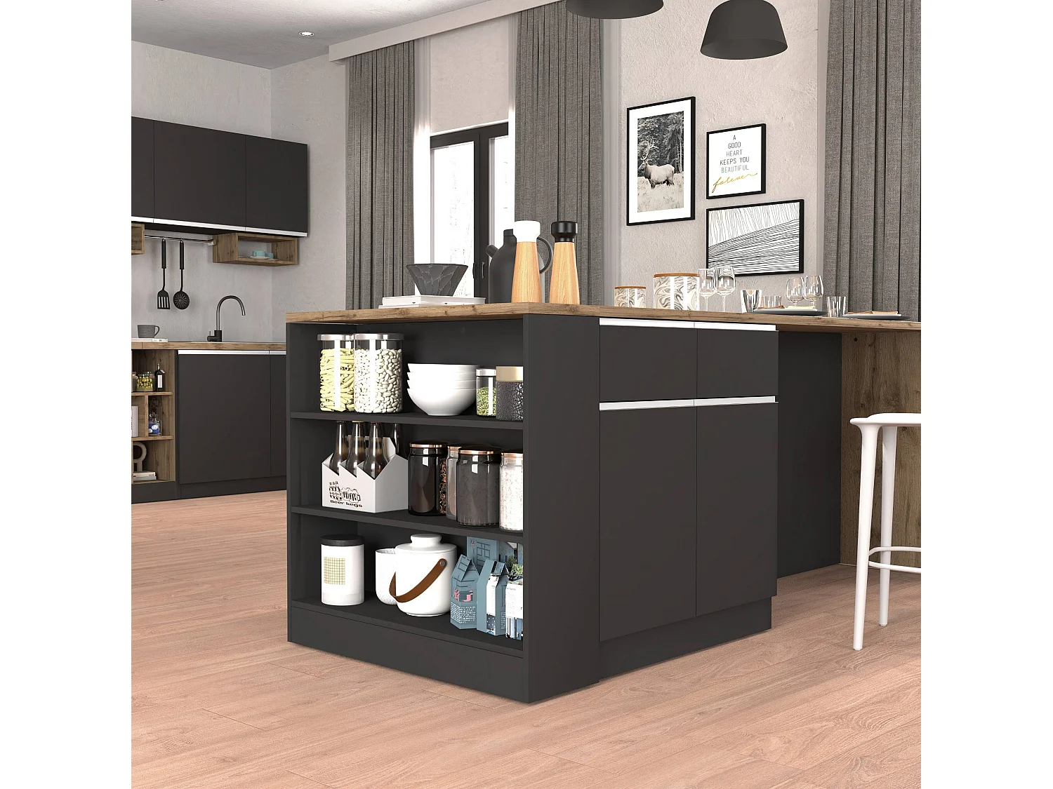 Mobile a scaffale Sole con 3 ripiani antracite opaco e rovere 90x90x25 cm