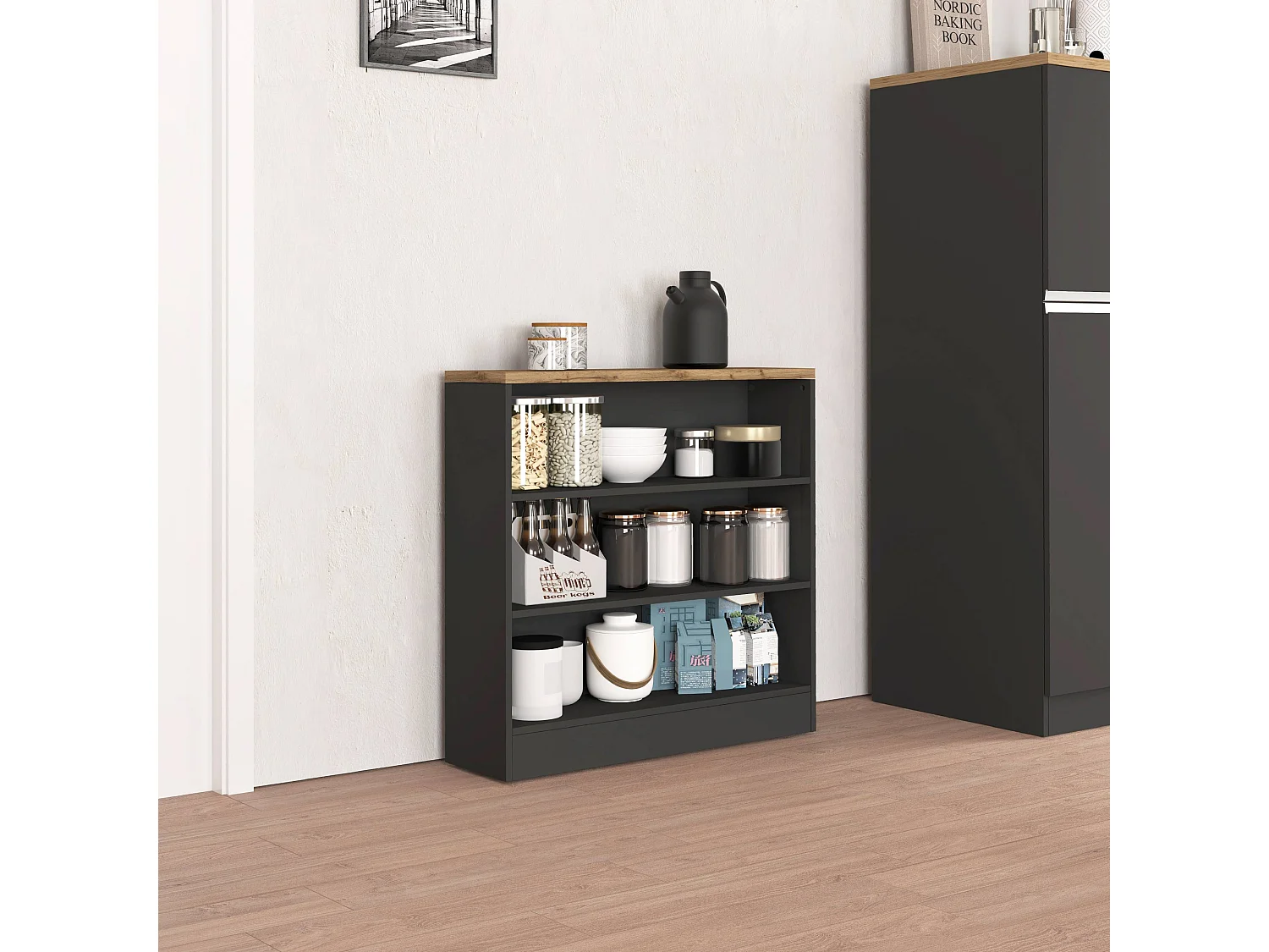 Mobile a scaffale Sole con 3 ripiani antracite opaco e rovere 90x90x25 cm