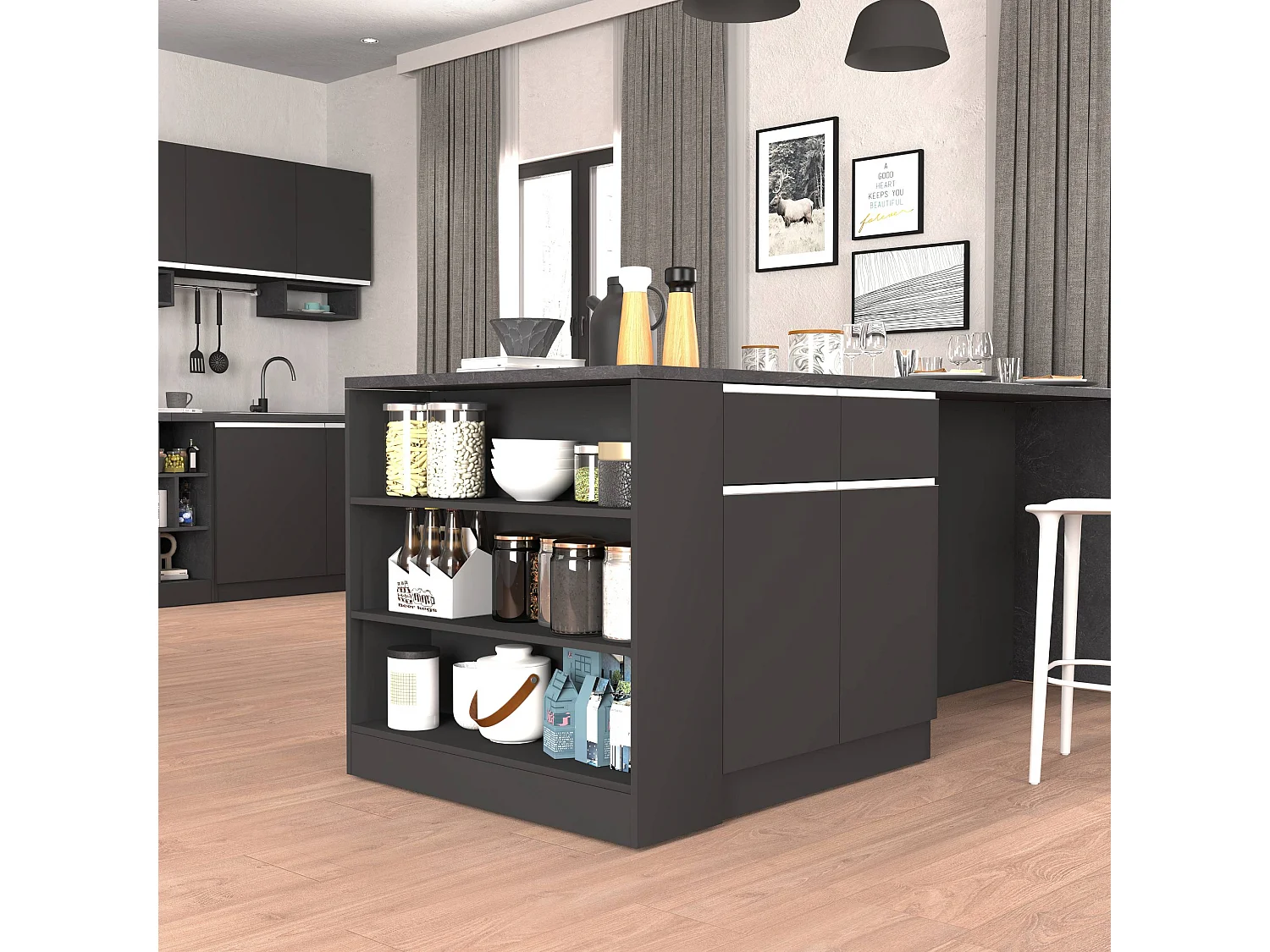 Mobile a scaffale Sole con 3 ripiani antracite opaco e report 90x90x25 cm