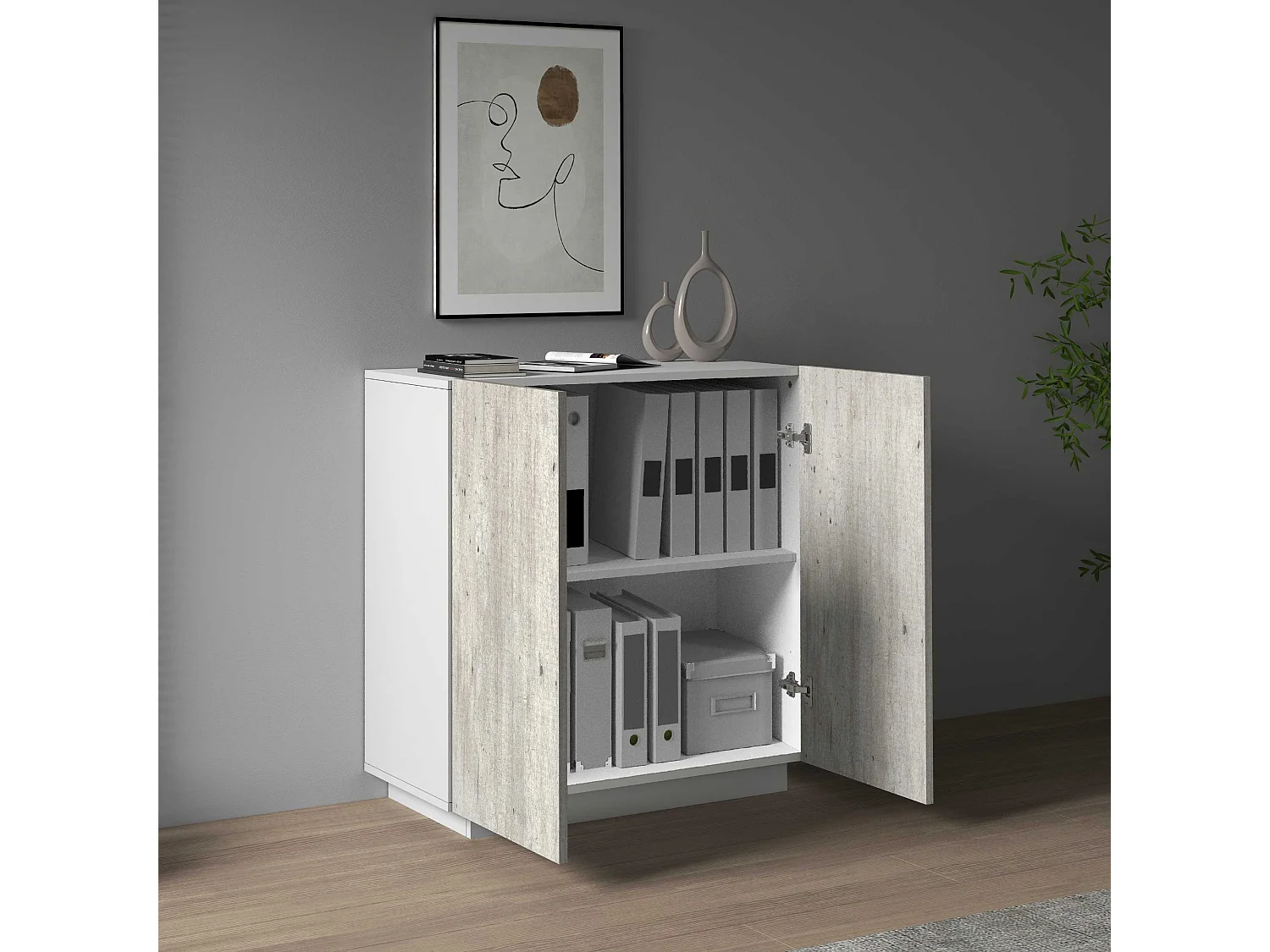 Armadio multiuso Easy a 2 ante bianco opaco e cemento 79,20x38x86 cm