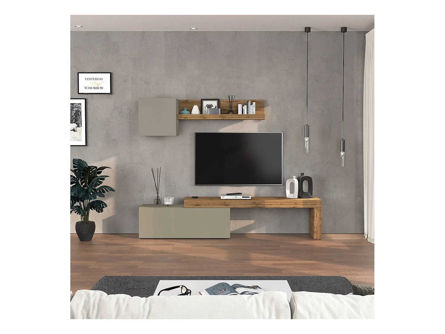 Parete attrezzata Chronos set soggiorno tortora opaco e rovere 180/290x40 cm