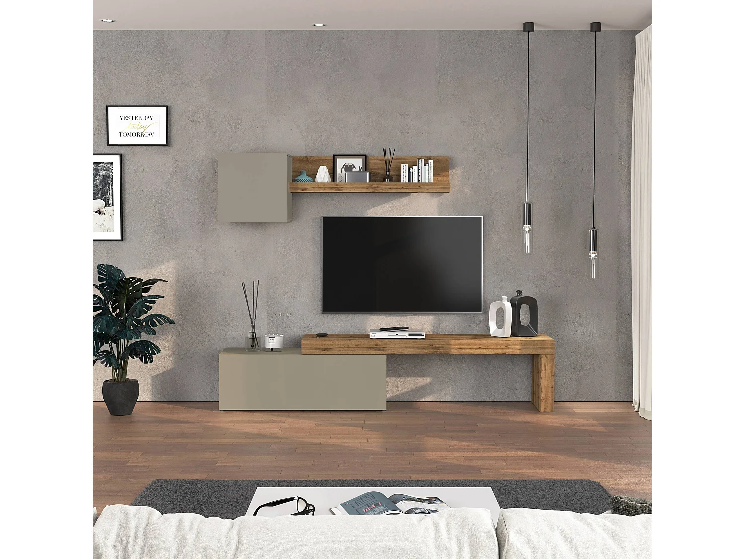 Parete attrezzata Chronos set soggiorno tortora opaco e rovere 180/290x40 cm