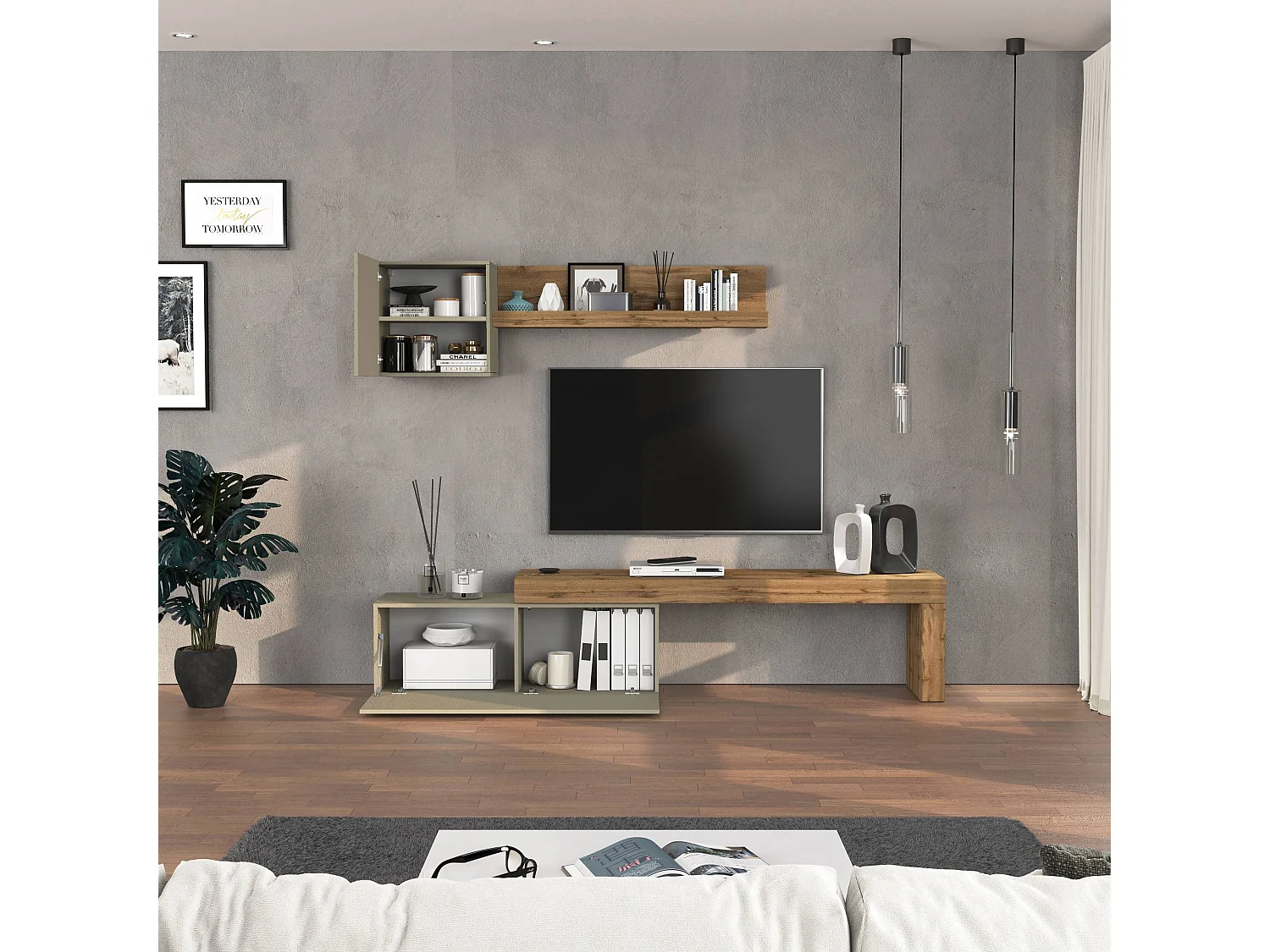 Parete attrezzata Chronos set soggiorno tortora opaco e rovere 180/290x40 cm