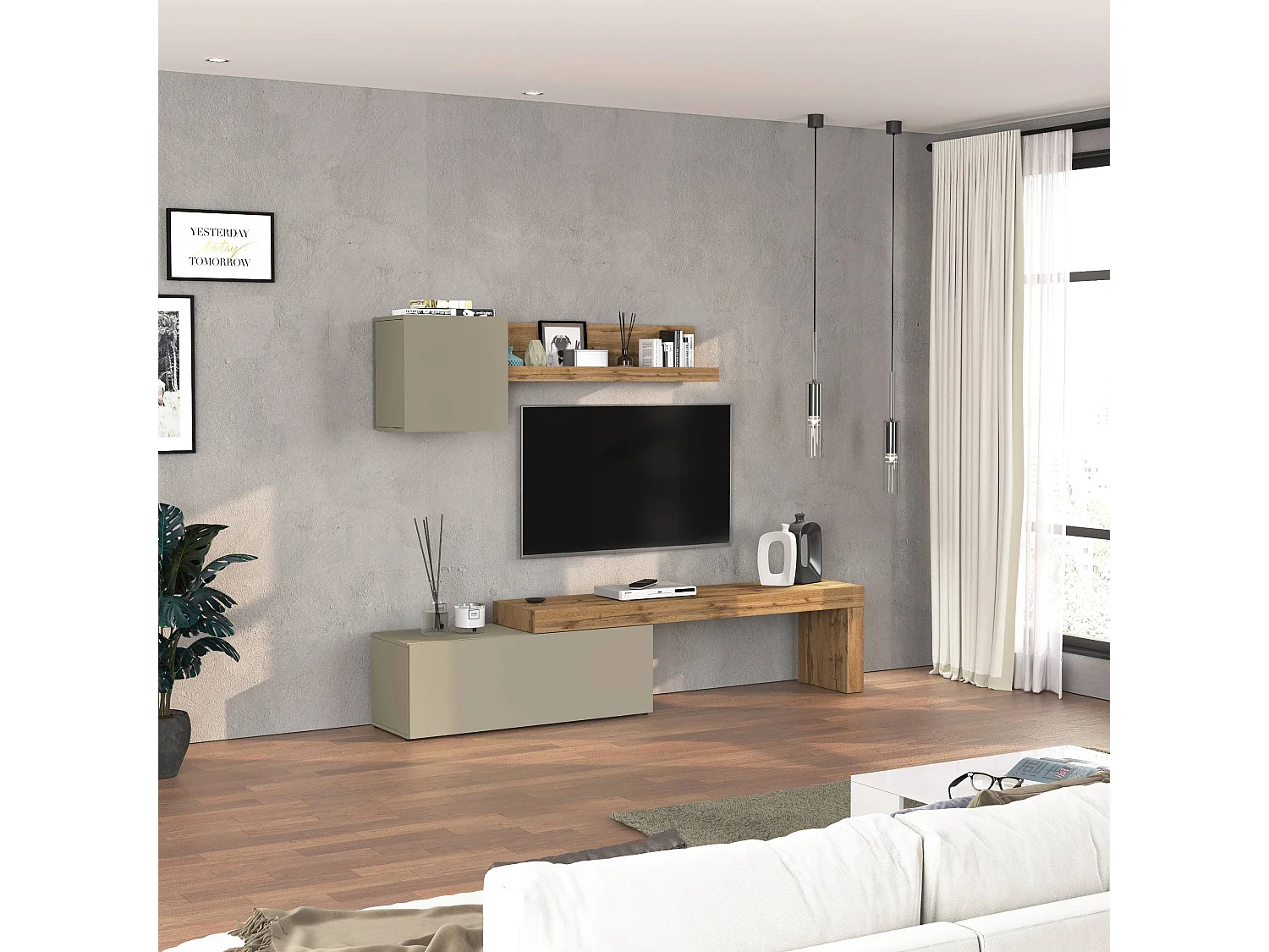 Parete attrezzata Chronos set soggiorno tortora opaco e rovere 180/290x40 cm