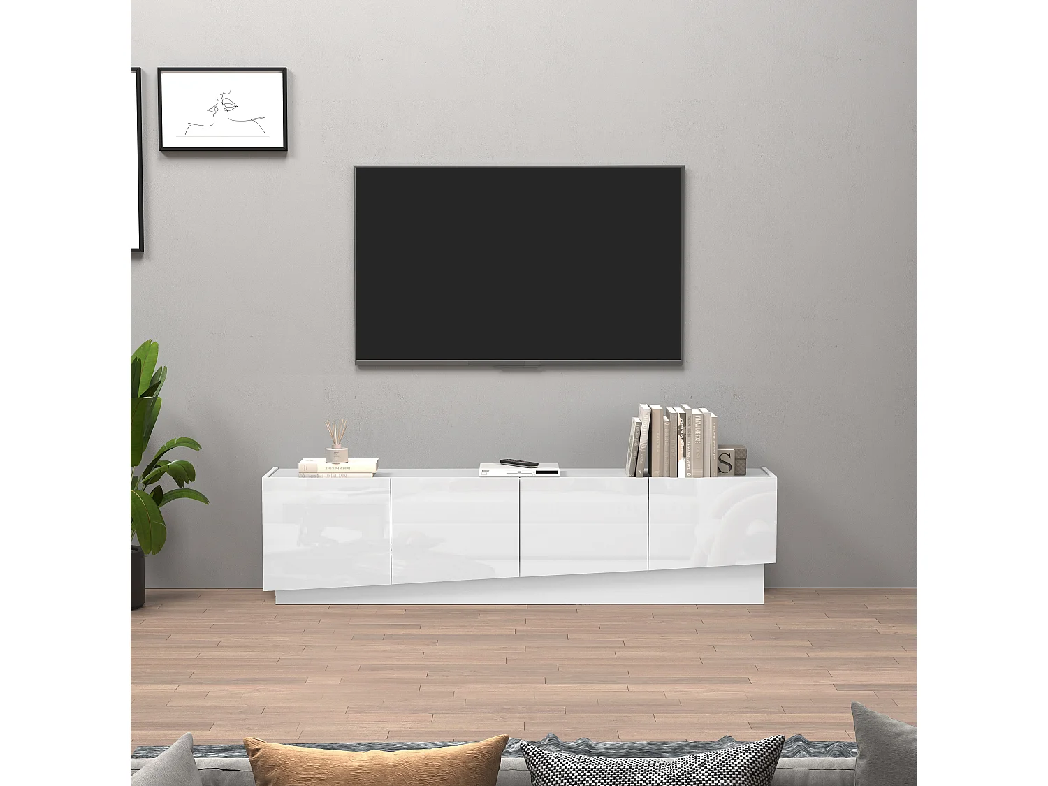Mueble TV Vela con 4 puertas en color blanco brillo 180x35x45,4 cm
