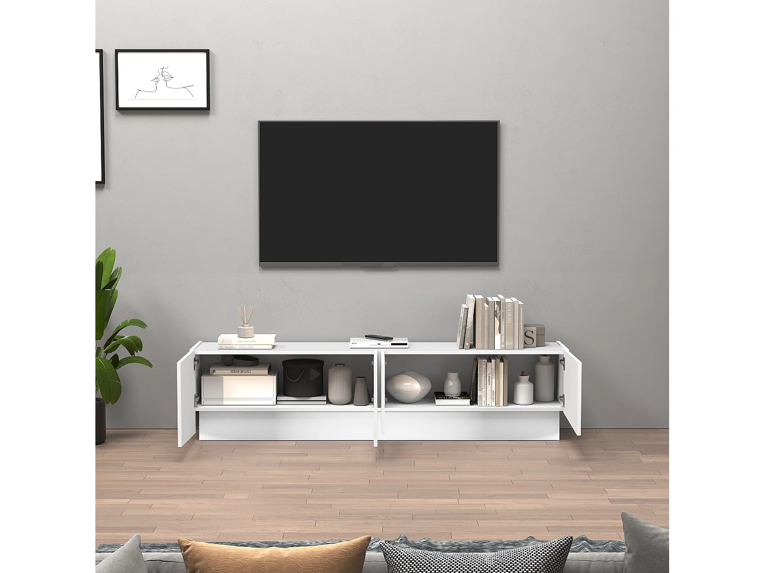 Mueble TV Vela con 4 puertas en color blanco brillo 180x35x45,4 cm