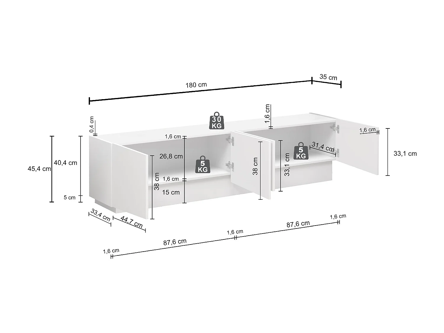 Mueble TV Vela con 4 puertas en color blanco brillo 180x35x45,4 cm