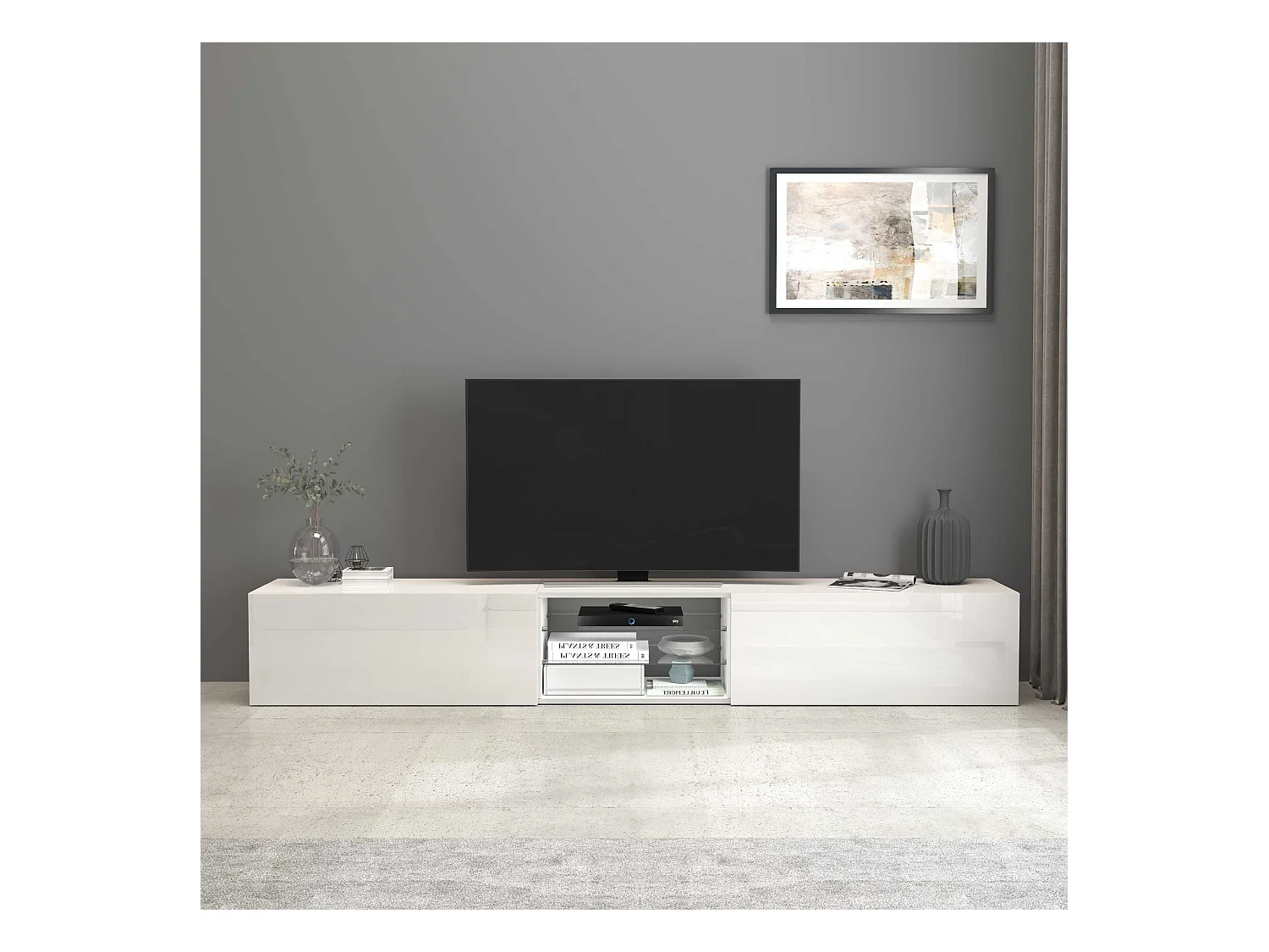 Mobile porta tv Egypt a 2 ante e 2 ripiani in vetro bianco lucido 240x38x35 cm