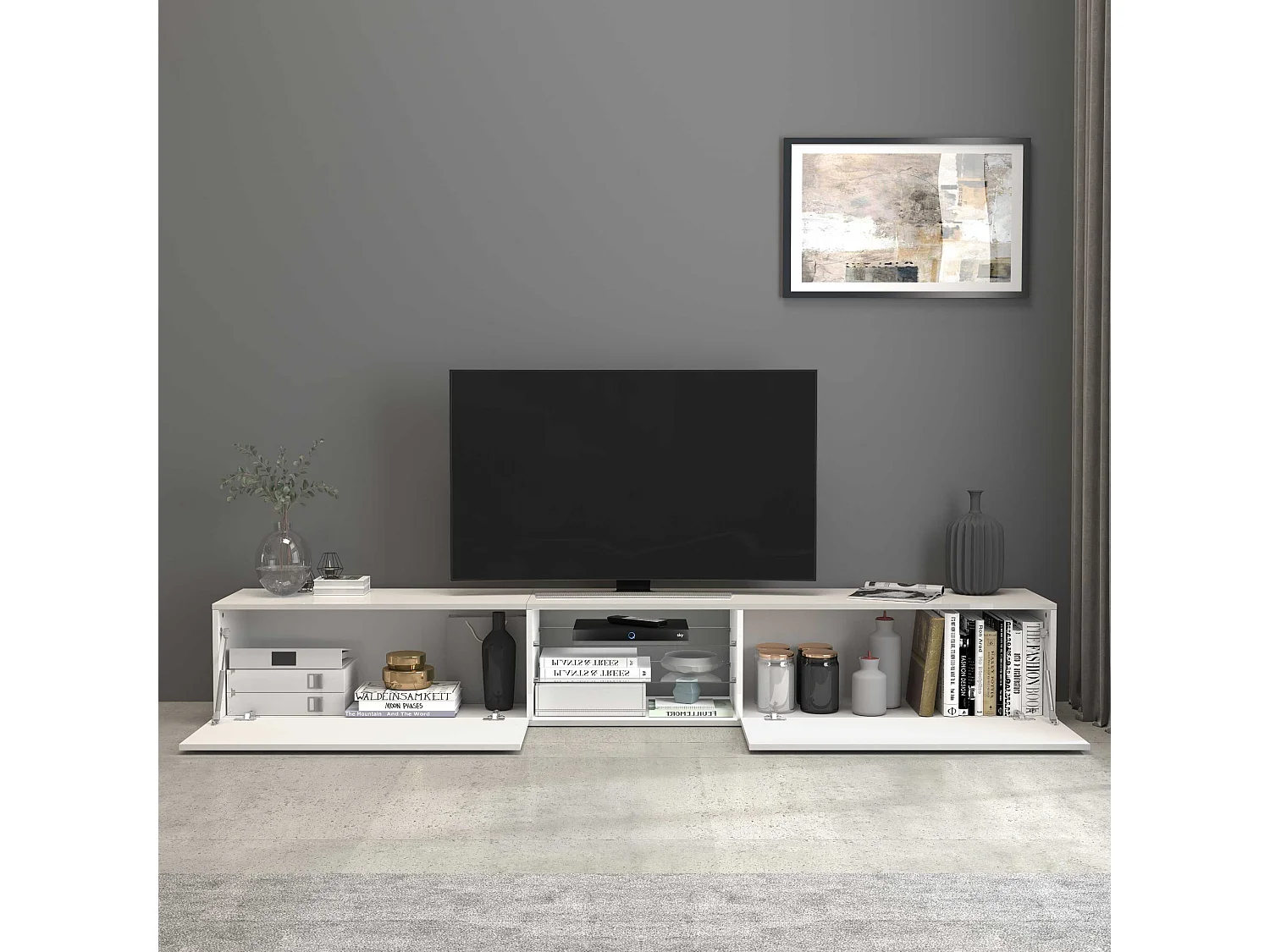 Mobile porta tv Egypt a 2 ante e 2 ripiani in vetro bianco lucido 240x38x35 cm