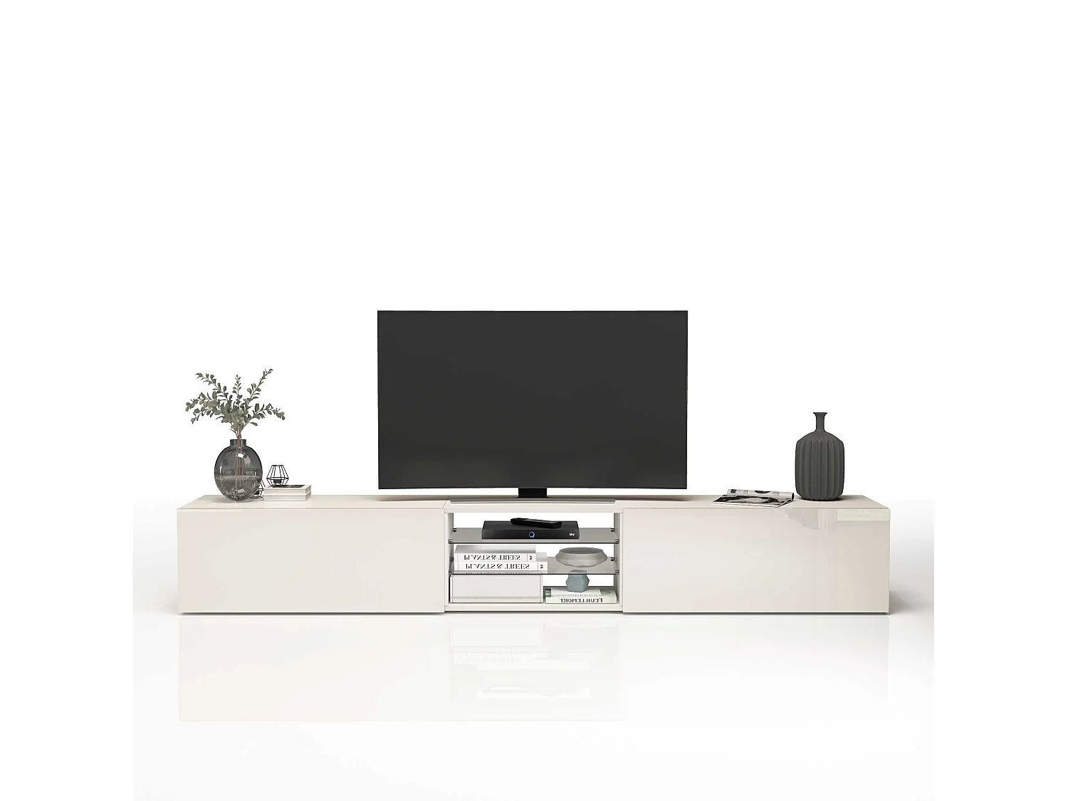 Mobile porta tv Egypt a 2 ante e 2 ripiani in vetro bianco lucido 240x38x35 cm