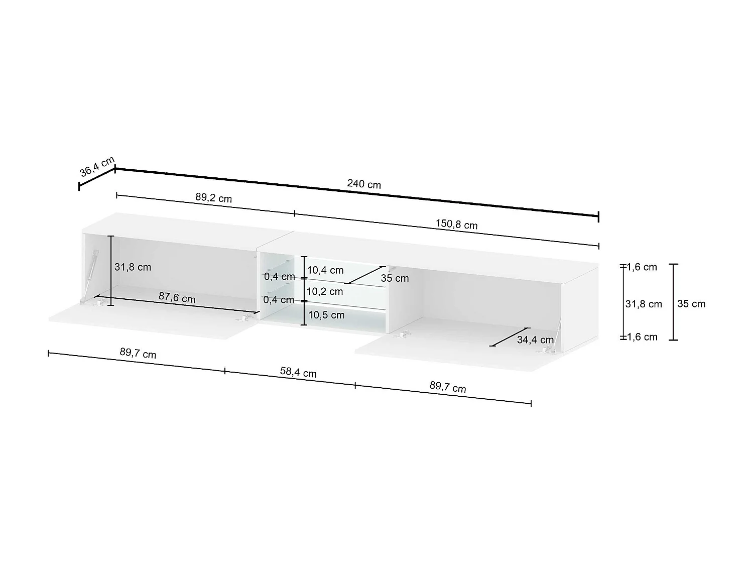 Mobile porta tv Egypt a 2 ante e 2 ripiani in vetro bianco lucido 240x38x35 cm