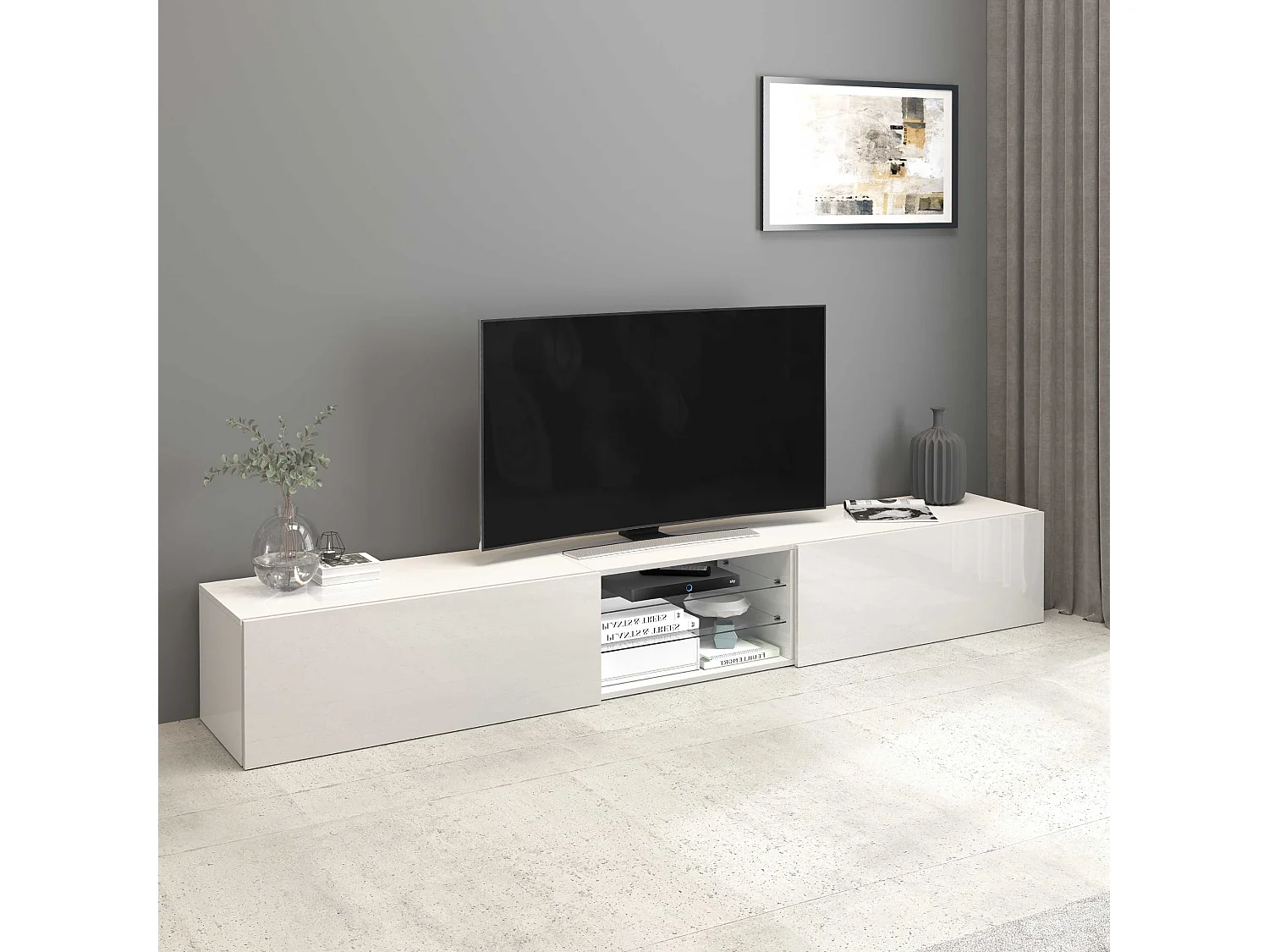 Mobile porta tv Egypt a 2 ante e 2 ripiani in vetro bianco lucido 240x38x35 cm