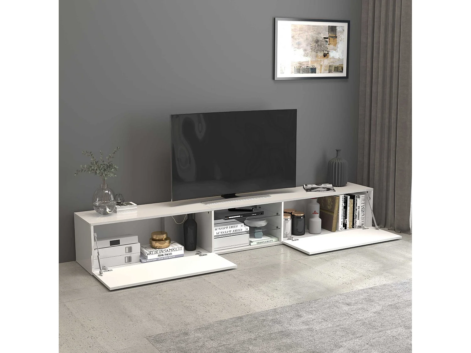 Mobile porta tv Egypt a 2 ante e 2 ripiani in vetro bianco lucido 240x38x35 cm