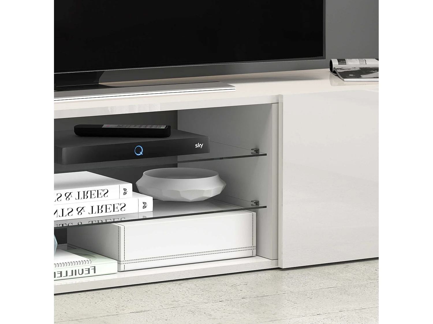 Mobile porta tv Egypt a 2 ante e 2 ripiani in vetro bianco lucido 240x38x35 cm