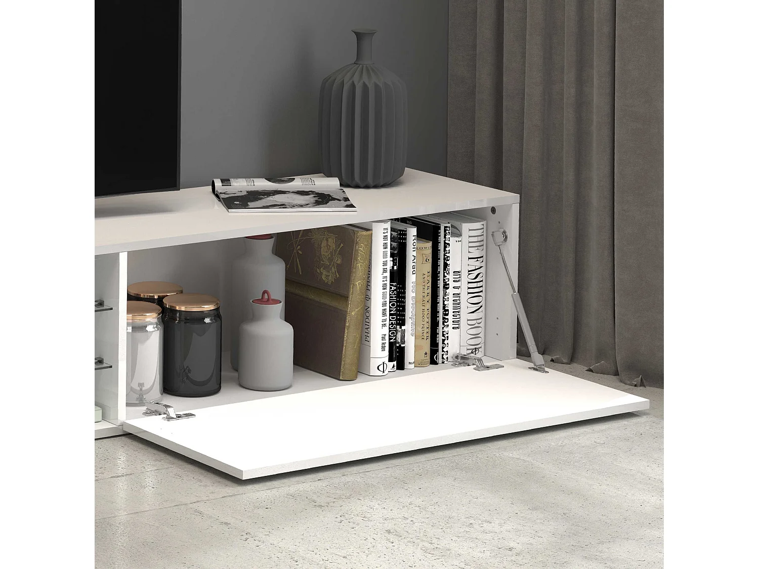 Mobile porta tv Egypt a 2 ante e 2 ripiani in vetro bianco lucido 240x38x35 cm