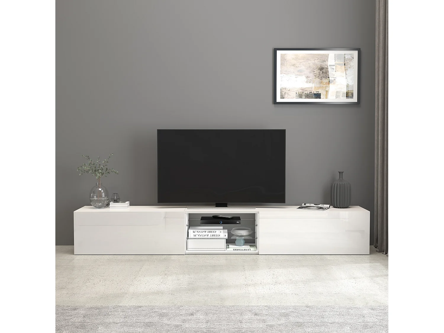 Mobile porta tv Egypt a 2 ante e 2 ripiani in vetro bianco lucido 240x38x35 cm