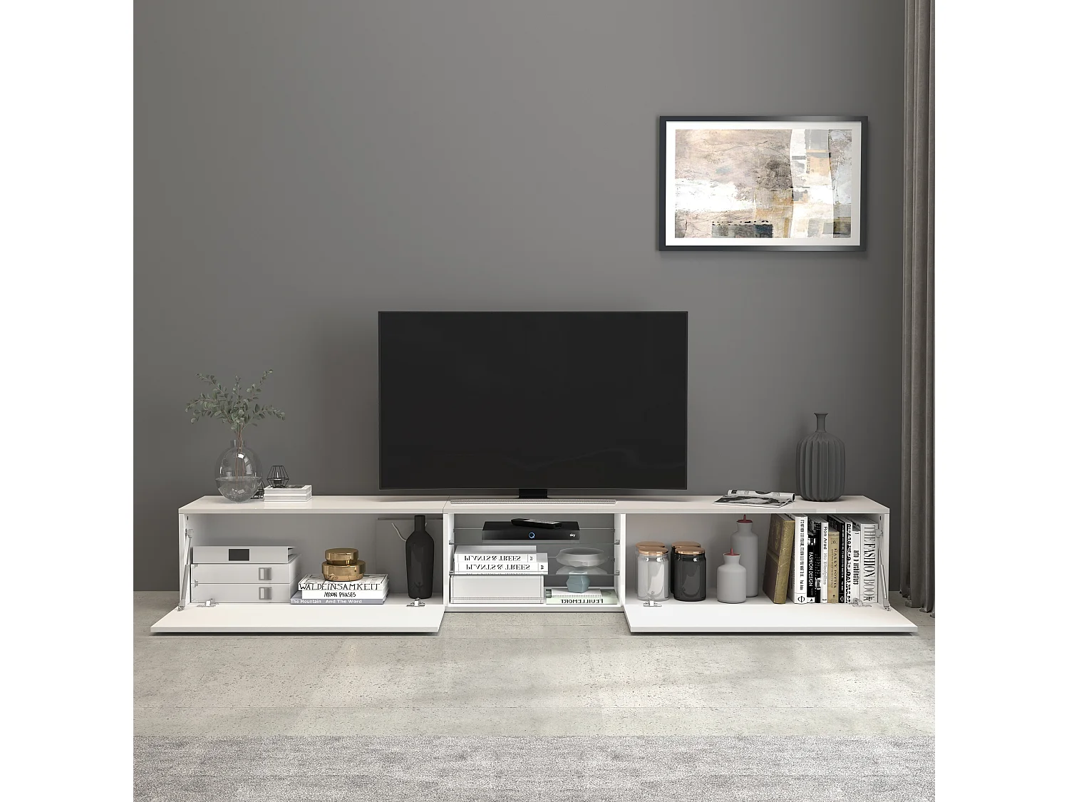 Mobile porta tv Egypt a 2 ante e 2 ripiani in vetro bianco lucido 240x38x35 cm