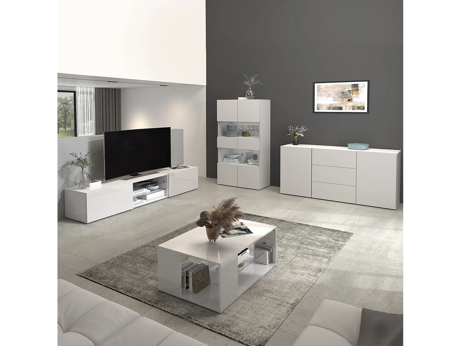 Mobile porta tv Egypt a 2 ante e 2 ripiani in vetro bianco lucido 240x38x35 cm