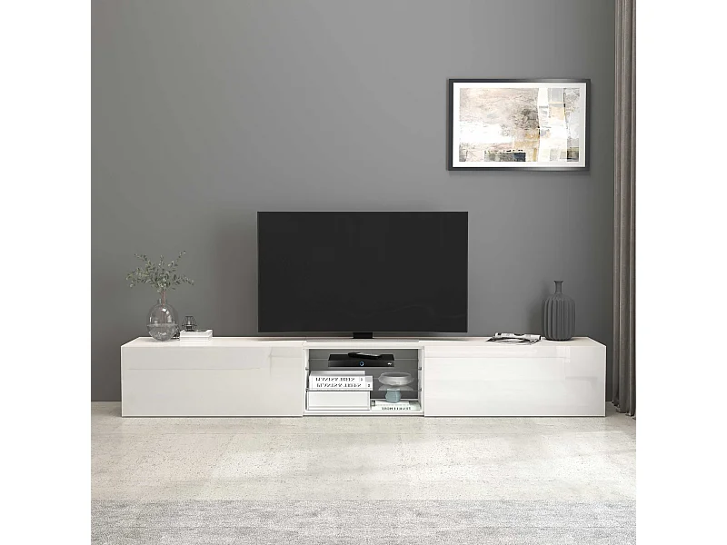 Mobile porta tv Egypt a 2 ante e 2 ripiani in vetro bianco lucido 240x38x35 cm