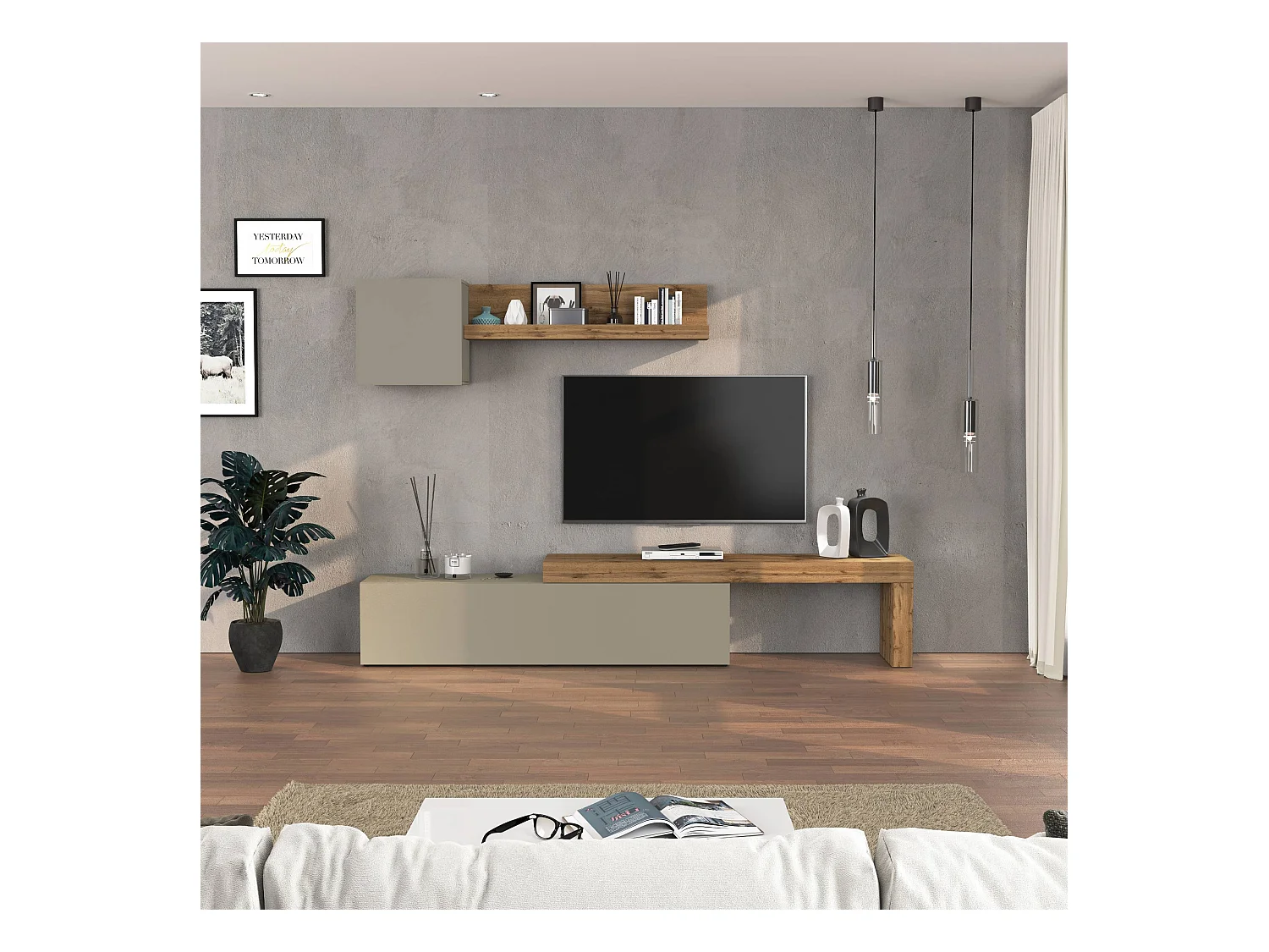 Parete attrezzata Chronos set soggiorno tortora opaco e rovere 190/350x40 cm