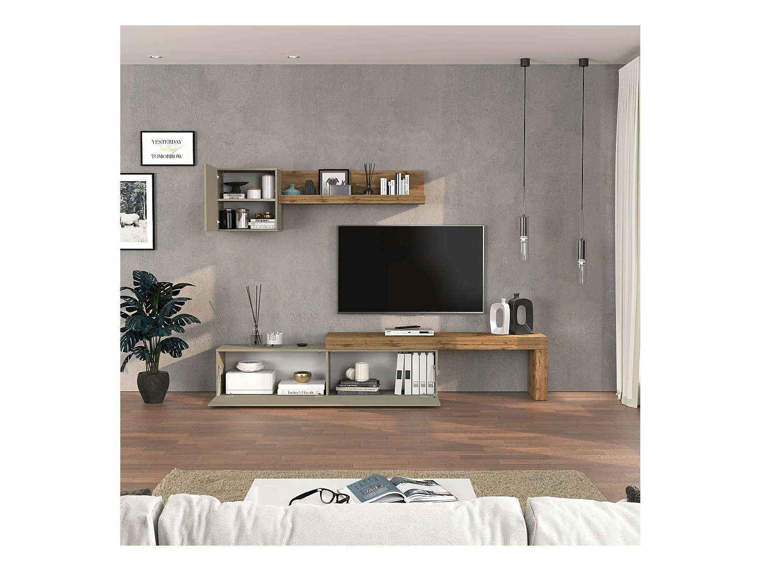 Parete attrezzata Chronos set soggiorno tortora opaco e rovere 190/350x40 cm