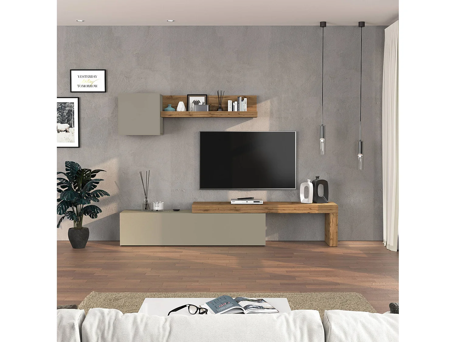 Parete attrezzata Chronos set soggiorno tortora opaco e rovere 190/350x40 cm